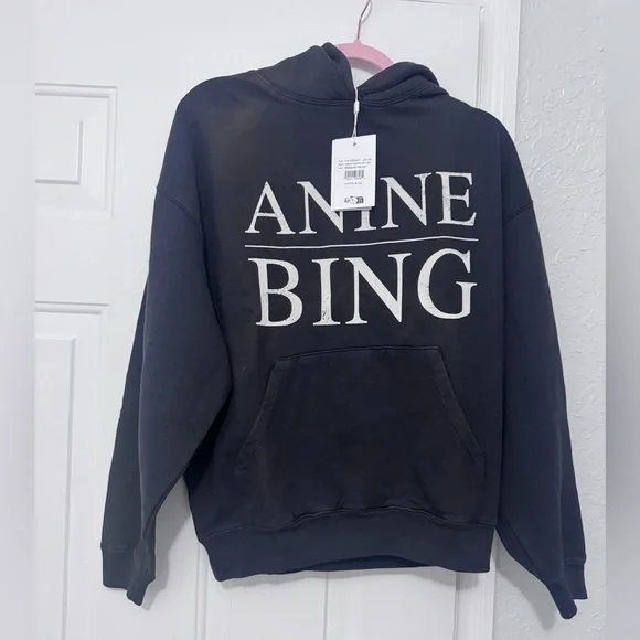 NWT Anine Bing $220 Faded Black/Grey Logo Hoodie XXS (VERY oversized) 23” PTP - Picture 9 of 11